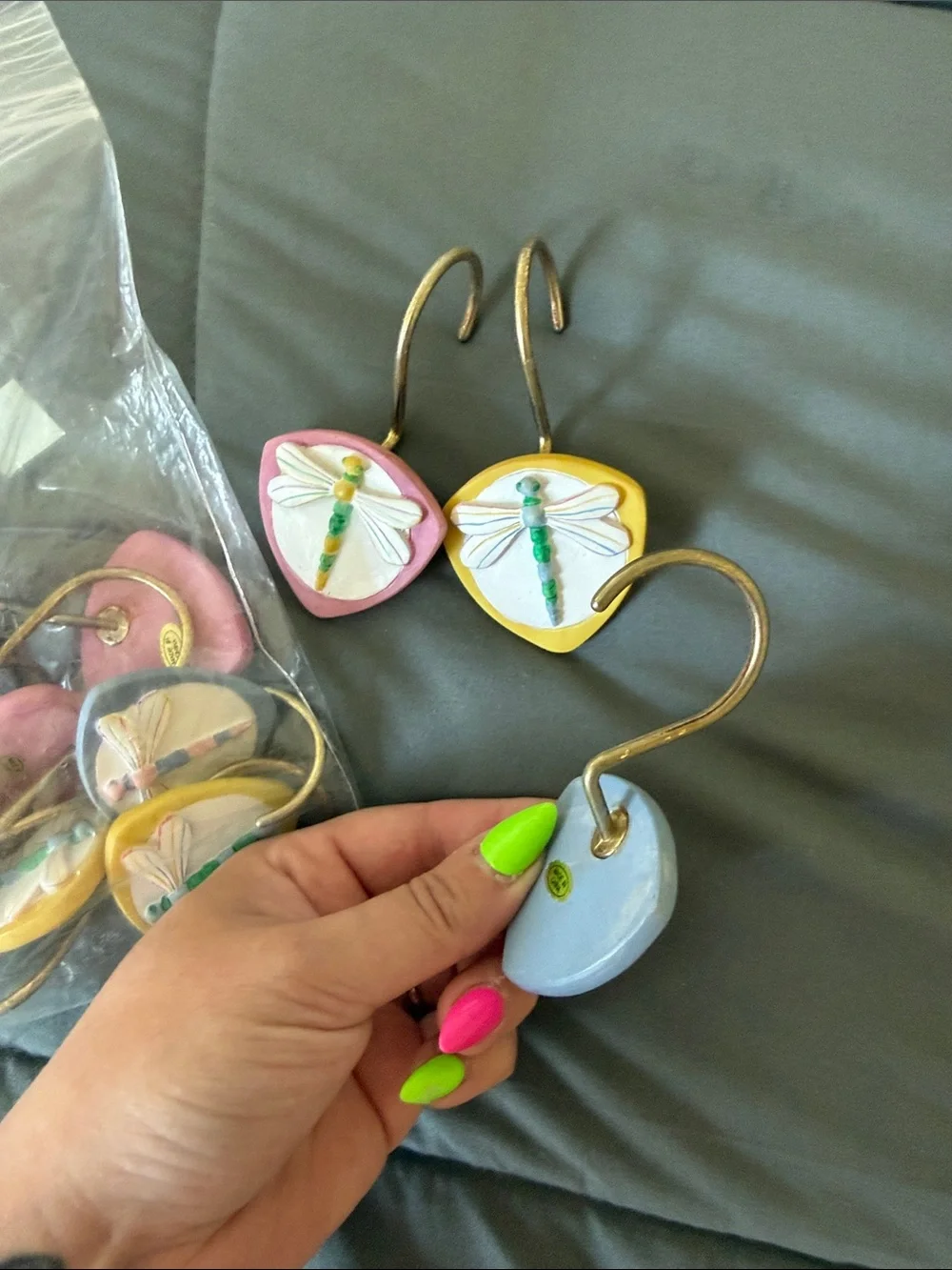 Dragonfly Shower Curtain Hooks - Pink, Yellow, White